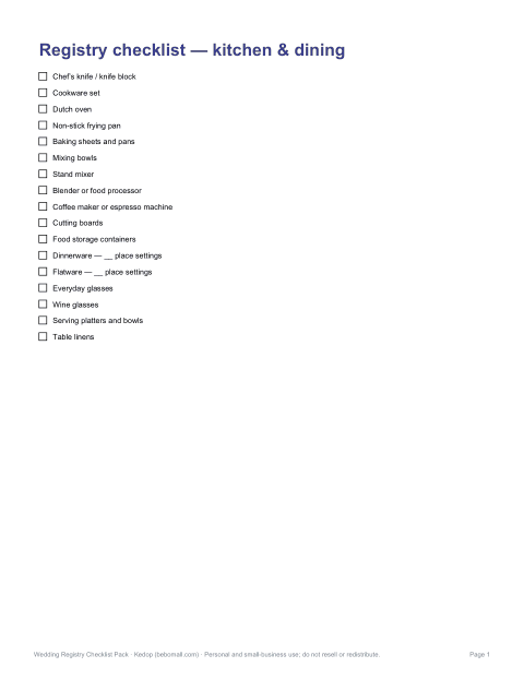 Preview of the first page of Kitchen & dining checklist
