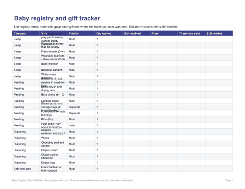 Preview of the first page of Gift tracker (XLSX)
