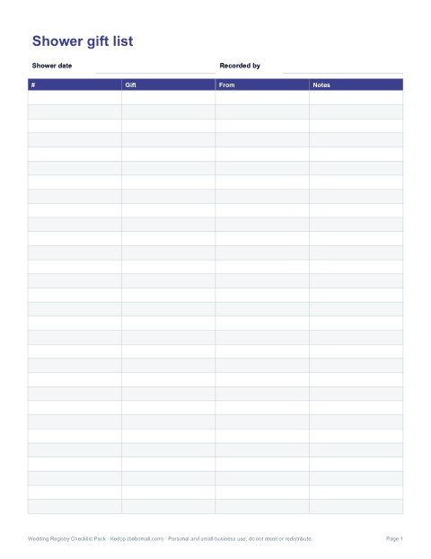 Preview of the first page of Shower gift list
